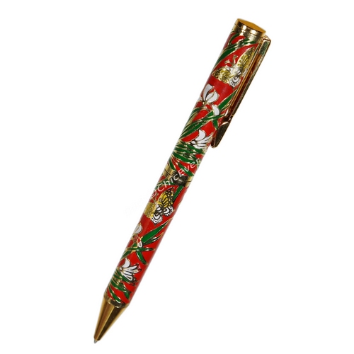 Kugelschreiber Cloisonne Emaille Orchideen & Schmetterlinge rot grün gold 5400a - zum Schließen ins Bild klicken